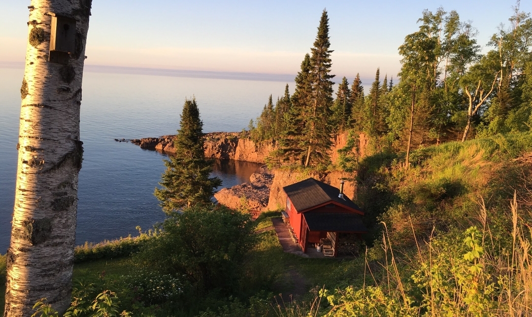 Summer time Cobblestone sauna overlooking Lake Superior, early morning.